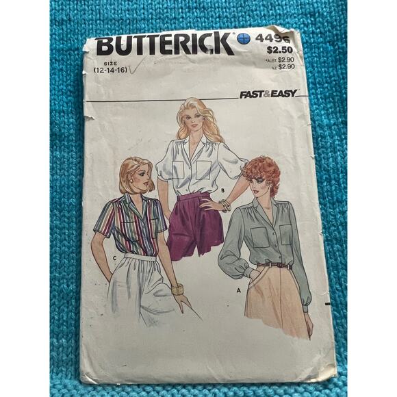 Butterick Sewing pattern 4496 blouse puff sleeves 1980s size 12 14 16 - Picture 1 of 5
